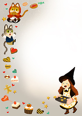 PSD 동물 여자 어린이 음식 백그라운드 두마리 일러스트 디저트 함께함 한명 사람 쿠키 케이크 고양이 마녀 제빵 소통 여자만 여자한명만 어린이만 소녀만 소녀한명만 국내일러스트 1 컨셉 2 포유류 반려동물 제과제빵 파일형식