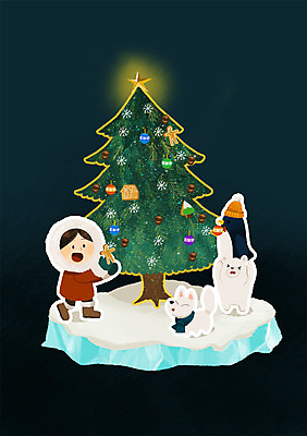 PSD 동물 어린이 크리스마스 일러스트 함께함 한명 사람 장식 크리스마스트리 얼음 북극 펭귄 북극곰 여우 에스키모 소통 북극여우 어린이만 국내일러스트 자연요소 1 기념일 컨셉 곰 포유류 조류 극지방 파일형식