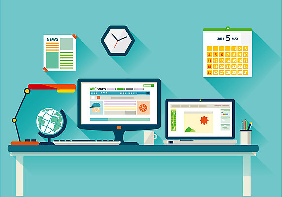 백그라운드 일러스트 탁자 정보기술 사람없음 노트북 컴퓨터 지구본 모니터 달력 스탠드 뉴스 플랫 벽시계 국내일러스트 AI파일 시계 가구 조명 기술 전자제품 파일형식 벡터