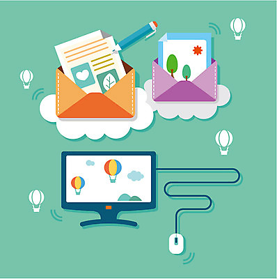 구름 백그라운드 일러스트 정보기술 사람없음 컴퓨터 모니터 열기구 마우스 이메일 플랫 편지 국내일러스트 AI파일 자연요소 항공교통 기술 전자제품 컴퓨터용품 파일형식 벡터