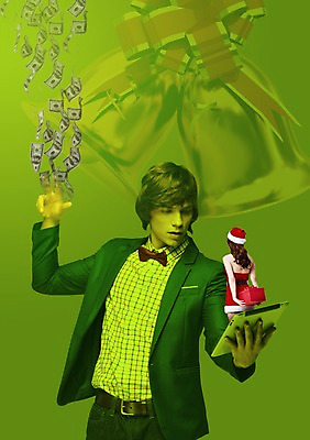 PSD 외국인 편집이미지 여자 남자 리본 크리스마스 지폐 돈 산타모자 산타옷 사람 두명 장식 태블릿 달러 종 이미지편집 모자_잡화 옷 기념일 인종 전자제품 스마트기기 재산 파일형식