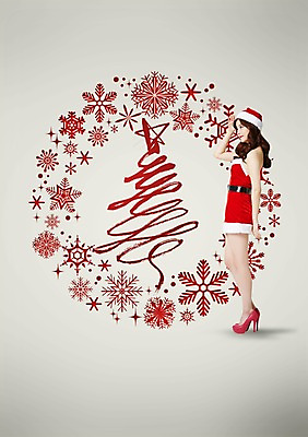 전신 PSD 편집이미지 여자 크리스마스 산타모자 산타옷 한명 서기 사람 동양인 성인 장식 크리스마스트리 한국인 눈송이 여자만 여자한명만 성인여자만 성인만 이미지편집 모자_잡화 1 옷 기념일 모션 눈_날씨 인종 파일형식