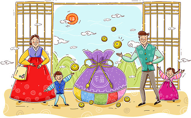 구름 여자 남자 행복 어린이 일러스트 가족 새해 복주머니 사람 소녀 소년 여러명 성인 태양 동전 화목 한복 국내일러스트 AI파일 자연요소 한국전통 감정 다수 컨셉 돈 관계 전통소품 전통의상 파일형식 벡터