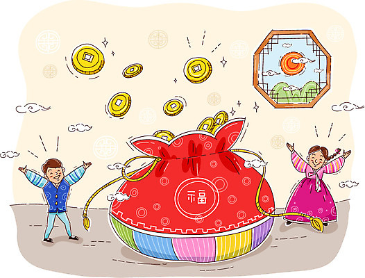 구름 여자 남자 행복 어린이 일러스트 새해 복주머니 사람 소녀 소년 두명 동전 화목 한복 어린이만 국내일러스트 AI파일 자연요소 한국전통 감정 컨셉 돈 전통소품 전통의상 파일형식 벡터