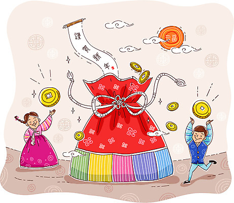 구름 여자 남자 행복 어린이 일러스트 근하신년 새해 복주머니 사람 소녀 소년 두명 태양 동전 화목 한복 어린이만 국내일러스트 AI파일 자연요소 한국전통 감정 컨셉 돈 전통소품 전통의상 파일형식 벡터