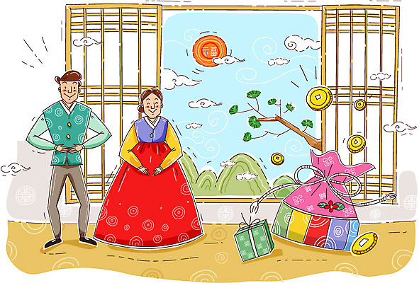 나무 구름 부부 커플 여자 남자 행복 일러스트 새해 복주머니 선물 사람 성인 두명 태양 동전 화목 한복 새해선물 성인만 국내일러스트 AI파일 자연요소 식물 한국전통 감정 컨셉 돈 관계 전통소품 전통의상 파일형식 벡터 명절선물