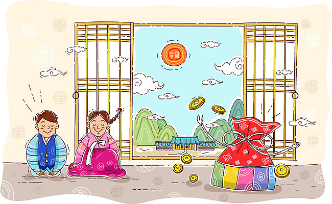 구름 여자 남자 행복 어린이 일러스트 새해 복주머니 사람 소녀 소년 두명 태양 동전 화목 절 한복 어린이만 국내일러스트 AI파일 자연요소 한국전통 감정 컨셉 돈 전통소품 인사 전통의상 파일형식 벡터