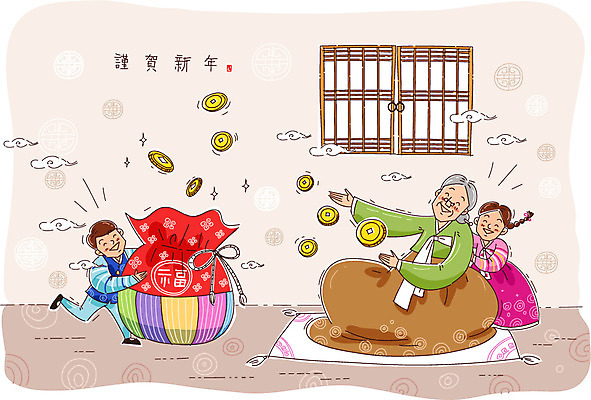 구름 여자 남자 행복 할머니 어린이 일러스트 창문 가족 손자 손녀 근하신년 새해 복주머니 방석 사람 소녀 소년 세명 동전 화목 한복 세뱃돈 국내일러스트 AI파일 자연요소 한국전통 노년 감정 컨셉 돈 관계 전통소품 전통의상 손주 파일형식 벡터