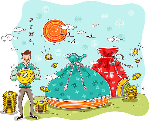 구름 남자 행복 일러스트 조류 근하신년 새해 복주머니 한명 사람 성인 동전 화목 학 한복 남자만 남자한명만 성인남자만 성인만 국내일러스트 AI파일 자연요소 동물 1 한국전통 감정 컨셉 돈 전통소품 전통의상 파일형식 벡터