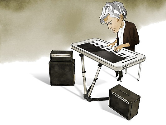 PSD 라이프스타일 남자 악기 음악 백그라운드 연주 일러스트 한명 사람 성인 스마트폰 스피커 피아노건반 건반 피아노 건반악기 스마트 남자만 남자한명만 성인남자만 성인만 국내일러스트 1 음향기기 컨셉 문화예술 생활 핸드폰 스마트기기 파일형식