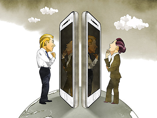 PSD 구름 라이프스타일 여자 남자 백그라운드 일러스트 비즈니스 사람 성인 두명 스마트폰 글로벌 비즈니스맨 비즈니스우먼 스마트 영상통화 성인만 국내일러스트 자연요소 컨셉 생활 핸드폰 스마트기기 직장인 통화 파일형식