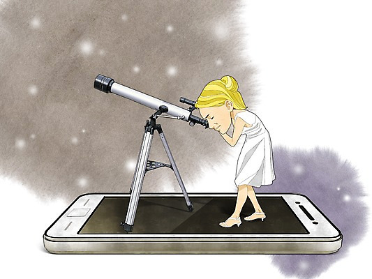 PSD 서양인 외국인 라이프스타일 여자 백그라운드 일러스트 한명 사람 성인 스마트폰 망원경 별자리 스마트 관측 여자만 여자한명만 성인여자만 성인만 국내일러스트 1 컨셉 인종 생활 핸드폰 스마트기기 파일형식