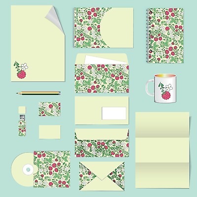EPS 해외이미지 디자인 꽃 컨셉 꽃무늬 패턴 일러스트 비즈니스 명함 봉투 편지봉투 사람없음 초록색 세트 공책 머그컵 레이아웃 문서 산딸기 엘리먼트 테마 스타일 레터헤드 해외202004 해외일러스트 식물 컬러 무늬 과일 문구용품 컵 편지 파일형식 벡터 이미지허브