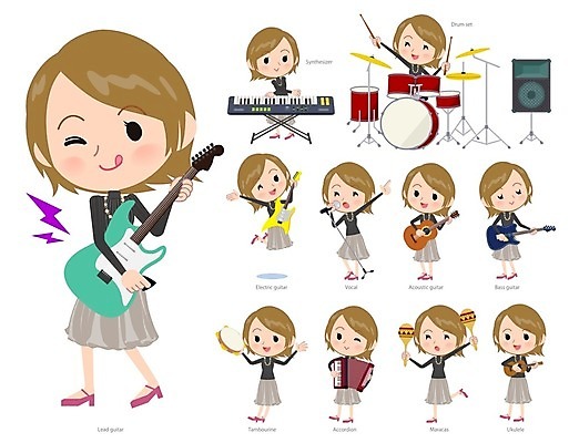 EPS 해외이미지 학생 여자 문화 일러스트 여러명 성인 치마 유행 축제 콘서트 가수 기타 악단 일렉기타 마이크 드럼 보컬 성인여자만 해외202004 해외일러스트 음악 음향기기 다수 하의 현악기 타악기 사람 공연 음악가 여자만 성인만 파일형식 벡터 이미지허브