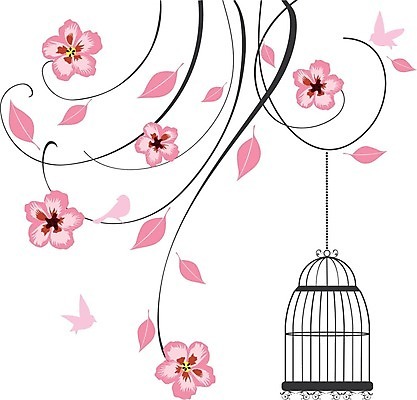 EPS 해외이미지 꽃 실루엣 분홍색 일러스트 조류 매달리기 사람없음 나뭇가지 새장 해외일러스트 나무 식물 동물 컬러 모션 촬영기법 케이지 파일형식 벡터 이미지허브