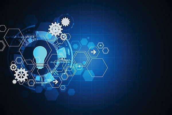 EPS 해외이미지 디자인 컨셉 일러스트 추상 미래 사람없음 그래픽 파란색 디지털 톱니바퀴 육각형 전구모양 해외202004 해외일러스트 모양 도형 컬러 무늬 전구 파일형식 벡터 이미지허브