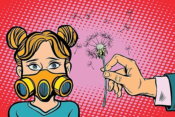 EPS 해외이미지 손 여자 일러스트 한명 들기 상반신 성인 신체부위 빨간색 민들레 만화 카툰스타일 알레르기 방독면 성인여자한명만 꽃가루알레르기 해외202004 해외일러스트 1 꽃 컬러 모션 마스크 사람 질병 여자한명만 성인여자만 파일형식 벡터 이미지허브