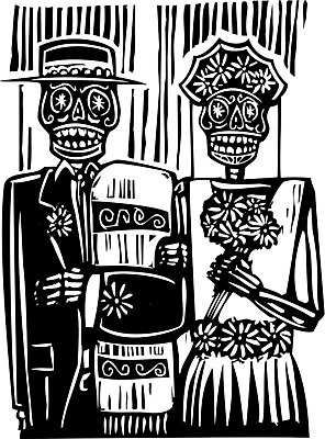 EPS 해외이미지 꽃 결혼 일러스트 멕시코 뼈 골격 사랑 할로윈 죽음 유령 묘사 목판화 해골모형 좀비 해외202004 해외일러스트 식물 감정 북아메리카 이벤트 모형 파일형식 벡터 이미지허브