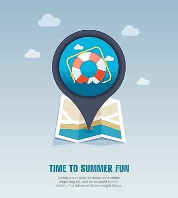 EPS 해외이미지 구름 바다 지도 일러스트 안전 사람없음 여름휴가 바캉스 위치 sos 구명용품 해외202004 구명부환 해외일러스트 자연요소 휴가 안전장비 튜브 구조요청 파일형식 벡터 여름_계절 이미지허브