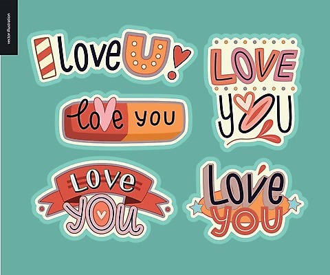 EPS 해외이미지 스티커 일러스트 사랑 타이포그라피 사람없음 세트 하트 민트색 해외202004 해외일러스트 모양 문자 감정 컬러 파일형식 벡터 이미지허브