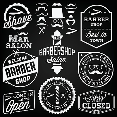 EPS 해외이미지 스티커 일러스트 사람없음 세트 라벨 검은색 머리빗 빈티지 콧수염 이발소 해외202004 해외일러스트 컬러 컨셉 수염 프레임 미용용품 뷰티샵 파일형식 벡터 이미지허브