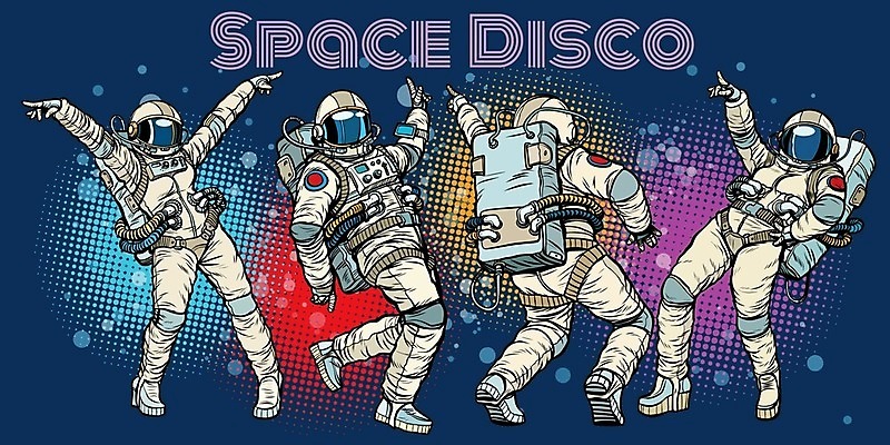 EPS 해외이미지 전신 여자 남자 일러스트 여러명 파란색 우주 우주비행사 춤 디스코 팝아트 우주복 카툰스타일 해외202004 해외일러스트 옷 음악 컬러 다수 문화예술 사람 그림 파일형식 벡터 이미지허브