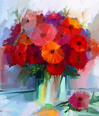 JPG 해외이미지 꽃 일러스트 사람없음 빨간색 꽃병 그림 손그림 거베라 유화 해외202004 해외일러스트 식물 컬러 미술 파일형식 이미지허브