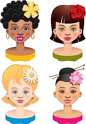 EPS 해외이미지 백인 캐릭터 헤어스타일 여자 얼굴 일러스트 청소년 갈색머리 인종 여러명 컬러풀 금발 머리카락 유행 변화 피부 다인종 해외202004 해외일러스트 일러캐릭터 서양인 컬러 다수 컨셉 사람 신체부위 머리 파일형식 벡터 이미지허브