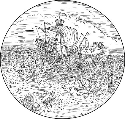 EPS 해외이미지 동물 야생동물 바다 일러스트 생물 잉크 흑백 그래픽 물 중세 스케치 그림 범선 손그림 스크래치 신화 폭풍우 핸드메이드 해외202004 해외일러스트 자연요소 배_교통 촬영기법 미술 비_날씨 역사 자연재해 파일형식 벡터 이미지허브