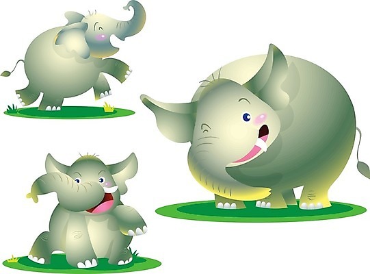 EPS 해외이미지 행복 감정 일러스트 코끼리 세마리 서기 웃음 앉기 사람없음 초록색 점프 회색 해외202004 해외일러스트 컬러 포유류 모션 표정 3 파일형식 벡터 이미지허브