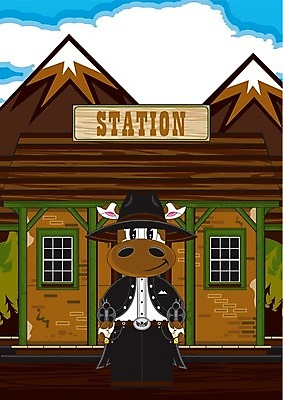 EPS 해외이미지 동물 일러스트 산 건물 가축 소 카우보이 만화 카우보이모자 단상 서쪽 해외202004 해외일러스트 모자_잡화 건축물 포유류 방향 파일형식 벡터 이미지허브