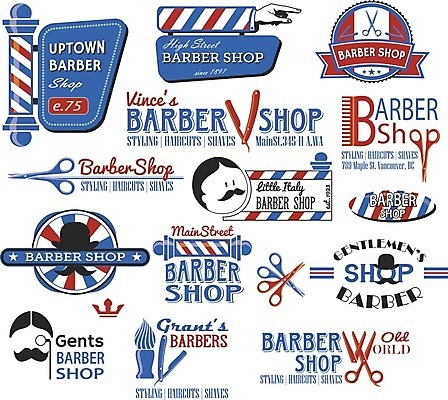 EPS 해외이미지 스티커 일러스트 사람없음 빨간색 파란색 세트 라벨 머리빗 빈티지 콧수염 이발소 해외202004 해외일러스트 컬러 컨셉 수염 프레임 미용용품 뷰티샵 파일형식 벡터 이미지허브