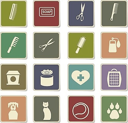 EPS 해외이미지 일러스트 공 상자 고양이 하트 붓 머리빗 개 심볼 비누 새장 자취 쾰른 해외202004 해외일러스트 모양 포유류 독일 반려동물 위생용품 미용용품 케이지 파일형식 벡터 이미지허브