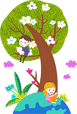 나무 식물 라이프스타일 여자 남자 꽃 지구 일러스트 사람 소년 두명 책 독서 국내일러스트 AI파일 어린이 생활 파일형식 벡터