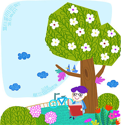 주간 나무 식물 동물 구름 라이프스타일 남자 꽃 일러스트 자연 조류 한명 사람 소년 야외 책 독서 자전거 언덕 남자만 남자한명만 국내일러스트 AI파일 자연요소 1 어린이 생활 바이크 생태계 파일형식 벡터