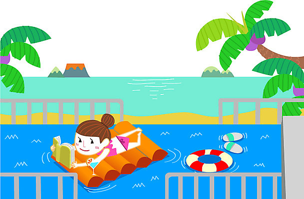 주간 라이프스타일 여자 바다 섬 일러스트 휴가 휴식 수영장 한명 사람 야외 책 여름휴가 바캉스 야자수 독서 튜브 여자만 여자한명만 국내일러스트 AI파일 자연요소 나무 1 컨셉 생활 파일형식 벡터 여름_계절