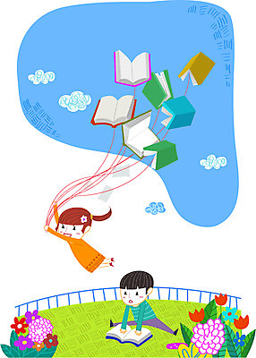 주간 식물 구름 라이프스타일 여자 남자 꽃 일러스트 나뭇잎 사람 소년 야외 두명 책 독서 비행 언덕 국내일러스트 AI파일 자연요소 어린이 잎 생활 파일형식 벡터