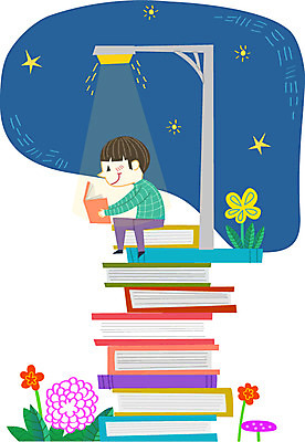 식물 라이프스타일 남자 꽃 별 가로등 일러스트 한명 사람 소년 야외 책 독서 야간 남자만 남자한명만 국내일러스트 AI파일 자연요소 1 공공시설 어린이 생활 파일형식 벡터