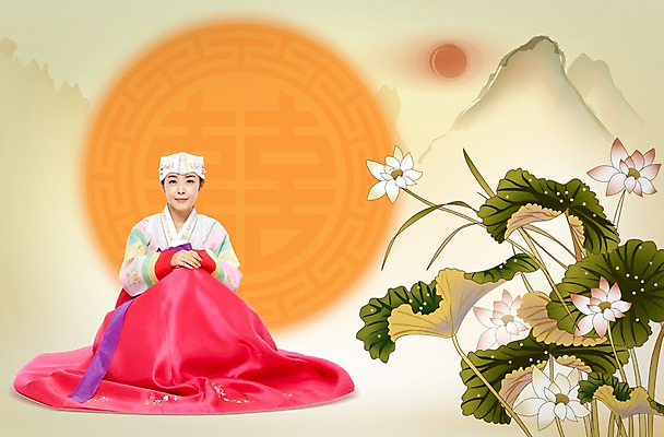 PSD 식물 편집 편집이미지 전통 문양 여자 명절 꽃 백그라운드 새해 산 연꽃 한명 사람 동양인 성인 설날 태양 한국인 새해인사 한복 여자만 여자한명만 성인여자만 성인만 이미지편집 자연요소 1 한국전통 기념일 인종 인사 전통의상 파일형식