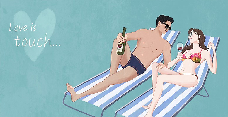 전신 PSD 커플 여자 남자 수영복 여유 데이트 일러스트 휴가 휴식 함께함 사랑 사람 성인 두명 여름 선글라스 와인 다정 선베드 성인만 국내일러스트 옷 계절 감정 안경 컨셉 의자 관계 주류 파일형식