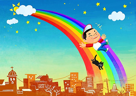 PSD 동물 구름 어린이교육 교육 남자 별 어린이 무지개 일러스트 한명 사람 야외 마을 고양이 도시 미끄럼틀 영재 남자한명만 어린이만 국내일러스트 자연요소 1 포유류 반려동물 놀이기구 남자만 파일형식