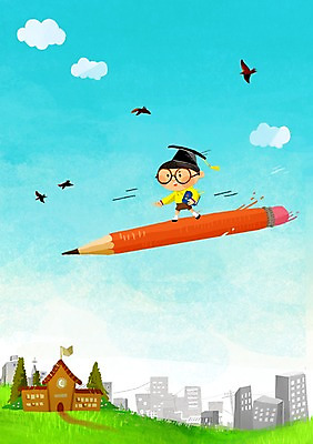 주간 PSD 구름 어린이교육 교육 남자 어린이 일러스트 학사모 학교 조류 하늘 한명 사람 야외 연필 비행 마법 영재 남자한명만 어린이만 국내일러스트 자연요소 동물 모자_잡화 1 졸업 학용품 필기구 남자만 파일형식