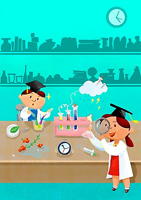 PSD 여자 어린이교육 교육 남자 어린이 일러스트 실험 사람 소녀 소년 두명 연구실 과학자 플라스크 호기심 비커 과학실 발견 영재 흰가운 어린이만 국내일러스트 직업 감정 과학 컨셉 실험기구 가운 학자 파일형식