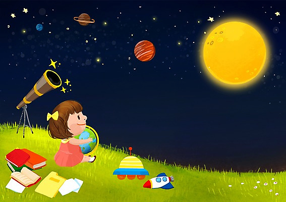 PSD 여자 어린이교육 교육 별 어린이 일러스트 하늘 한명 사람 소녀 야외 지구본 우주 희망 망원경 꿈 달 관찰 야간 우주선 UFO 설레임 영재 여자만 여자한명만 어린이만 소녀만 소녀한명만 국내일러스트 자연요소 1 감정 모션 미확인물체 파일형식