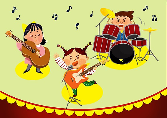 PSD 여자 어린이교육 교육 남자 어린이 연주 음표 일러스트 노래 사람 소녀 소년 세명 친구 공연 무대 기타 스탠드마이크 드럼 영재 어린이만 국내일러스트 기호 음악 관계 현악기 타악기 이벤트 마이크 파일형식