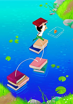 주간 PSD 어린이교육 교육 남자 어린이 일러스트 한명 사람 야외 책 물 강 돌_바위 연못 영재 남자한명만 어린이만 국내일러스트 자연요소 1 남자만 파일형식