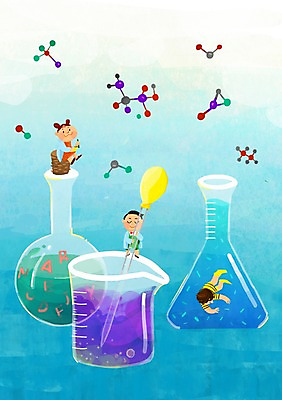 PSD 여자 어린이교육 교육 남자 어린이 과학 일러스트 사람 소녀 소년 세명 화학 스포이트 비커 분자구조 영재 어린이만 국내일러스트 실험기구 피펫 파일형식