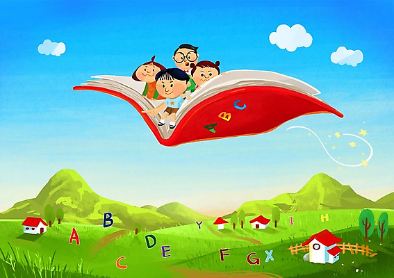 주간 PSD 구름 알파벳 영어 여자 어린이교육 교육 남자 어린이 일러스트 하늘 산 사람 소녀 소년 여러명 야외 책 마을 비행 영재 어린이만 국내일러스트 자연요소 문자 다수 파일형식