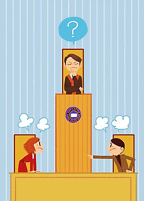 PSD 부부 여자 남자 백그라운드 말풍선 일러스트 사람 성인 세명 물음표 가운 판사복 판사 싸움 법 재판 법정 이혼 성인만 국내일러스트 기호 커플 옷 모션 법률가 파일형식