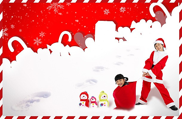 PSD 편집 편집이미지 여자 남자 어린이 컬러 백그라운드 크리스마스 산타모자 눈사람 산타옷 사람 동양인 이벤트 두명 빨간색 한국인 눈 보따리 어린이만 이미지편집 카드프레임 자연요소 모자_잡화 옷 기념일 날씨 프레임 인종 파일형식